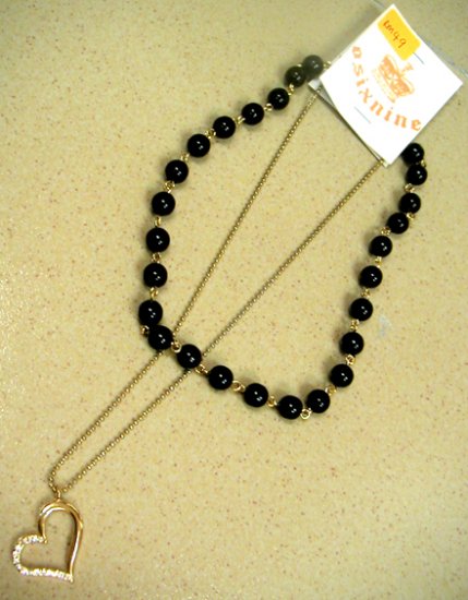 Gold Heart w Diamonds and Black Pearl Necklace
