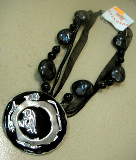 Phoebe Black Round Pendant w Stones Necklace