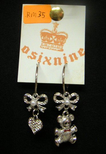 Teddybear & Heart w Ribbons Silver Earrings