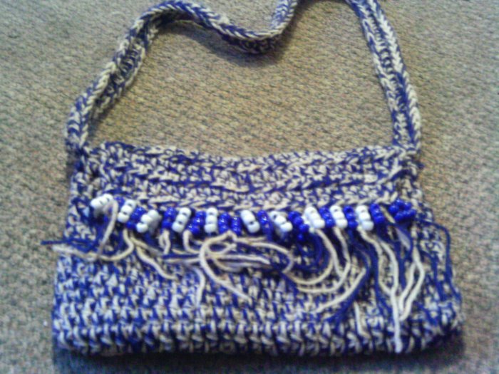 Crochet small blue & white beaded handbag