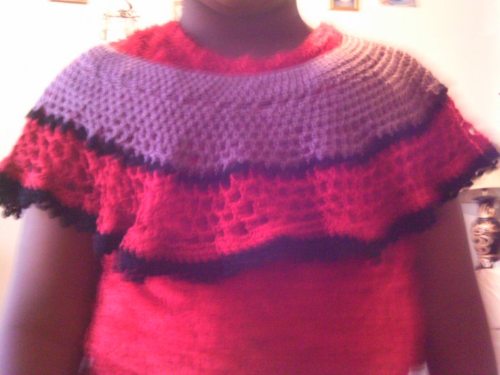 Crochet Medium Purple, Red & Black Pancho