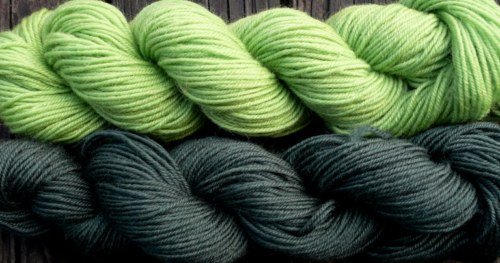 Wool sock yarn sport weight, apple green and pine green