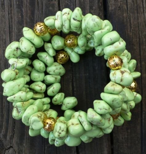 Memory wire Bracelet green Turquoise& gold filled beads