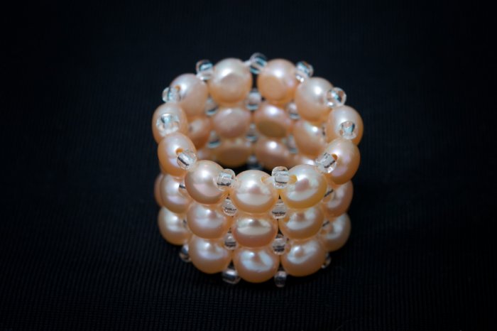 AAA apricot freshwater cultured pearl triple strand/band ring fits any size