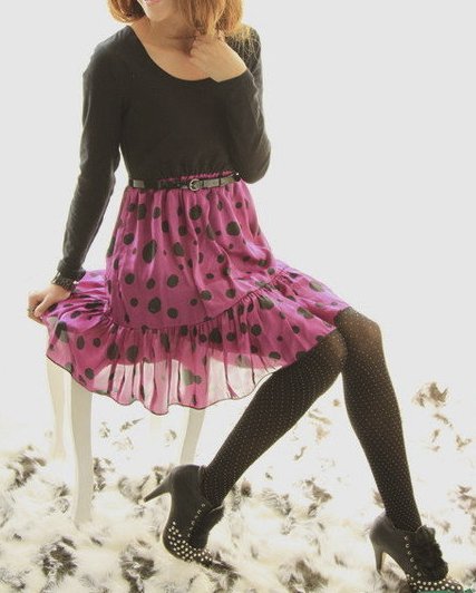 Fuchsia Pink Polka Dot Chiffon Skirt with Black Top Dress: Olivia