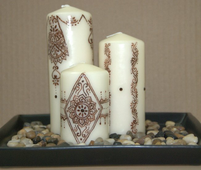 Henna design pillar candle set - with Swarovski crystals
