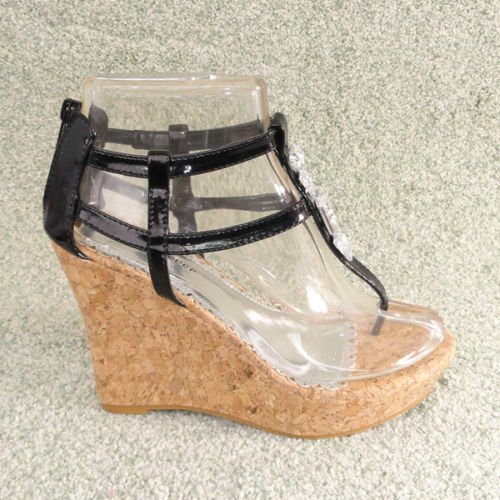 Embellishe​d Stone Platform Wedge Sandals Cork Blk Sz 9