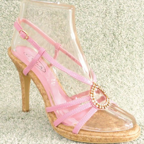 4" Women Rhinestone High Heel Sandals Cork Pink Sz 10