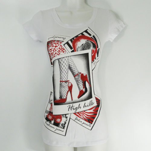 Women Rhinestone High Heels Shirt short sleeve White M