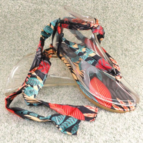 Women Flat Thong Sandals Ankle Wrap Multi Black Sz 9