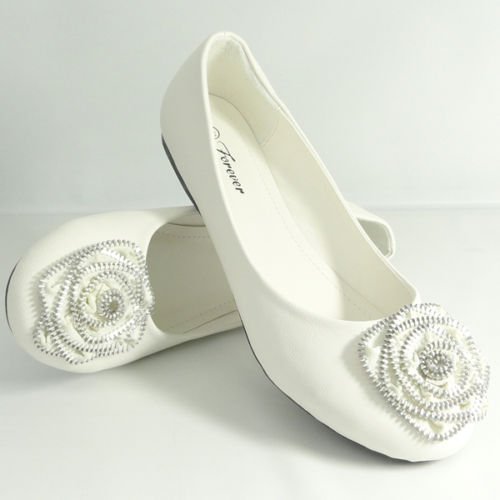 Flat Ballet Shoes Zipper trimmed Flower White Sz 10