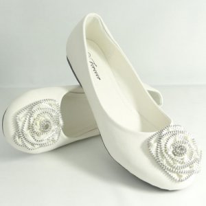 Flat Ballet Shoes Zipper trimmed Flower White Sz 10