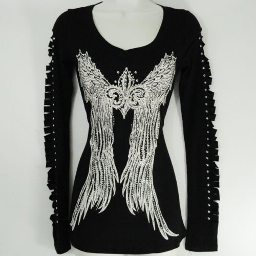 Made in USA Rhinestone Graphic Shirt Long Slv Black S