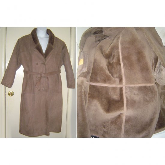 Real sheepskin Brown long shearling fur coat belt L-XL