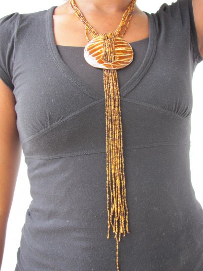 long brown and gold multi-colored necklace