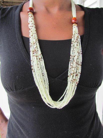 long white and brown multi-string necklace