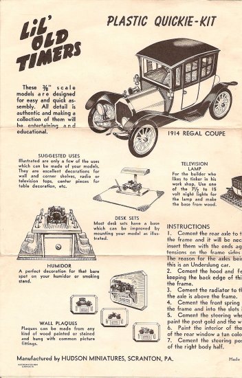 Inst Sheet 1914 Regal Coupe