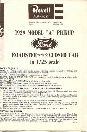 Inst Sheet 1929 Model A Pickup
