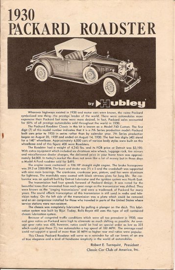 Inst Sheet 1930 Packard Roadster