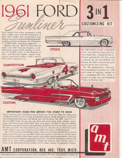Inst Sheet 1961 Ford Sunliner 3 in 1