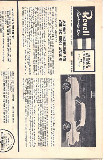 Inst Sheet 1962 Dodge Lancer GT