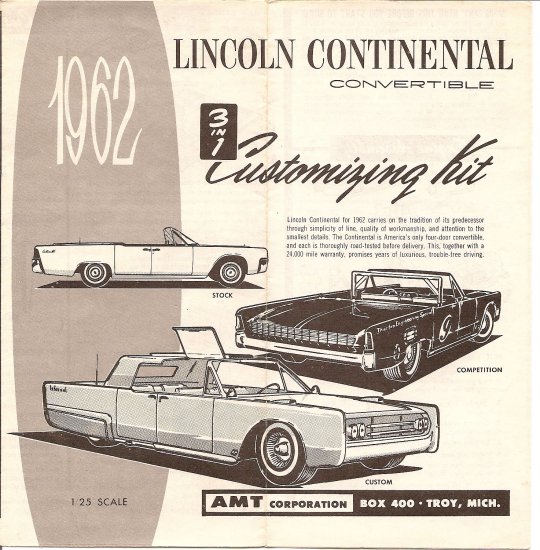 Inst Sheet 1962 Lincoln Continental Convertible 3 in 1