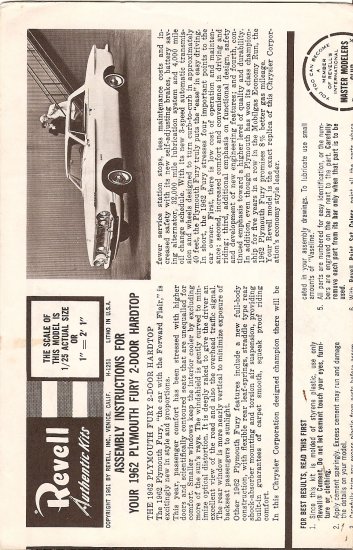 Inst Sheet 1962 Plymouth Fury