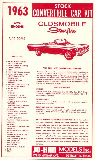 Inst Sheet 1963 Olds Starfire