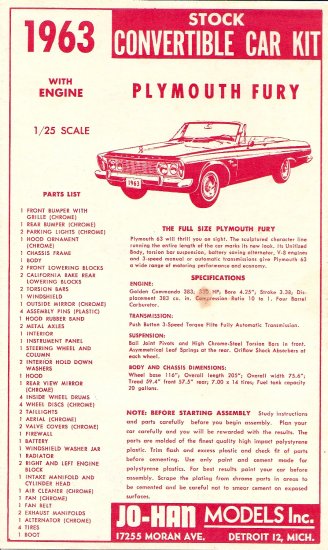 Inst Sheet 1963 Plymouth Fury Convertible