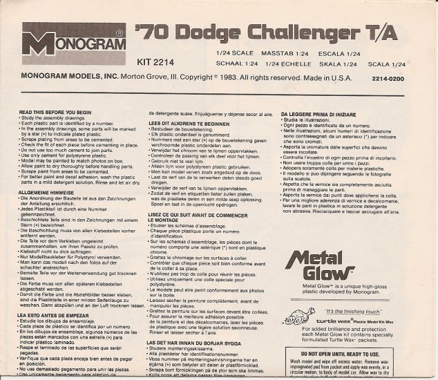 Inst Sheet 1970 Dodge Challenger TA