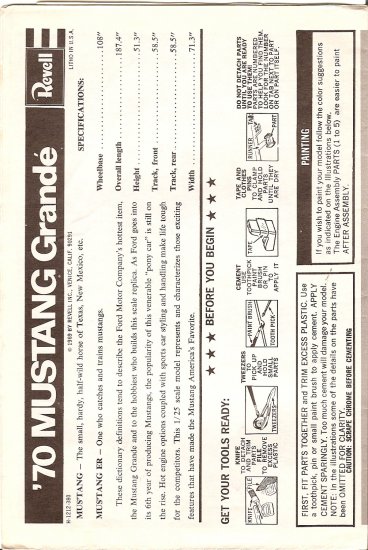 Inst Sheet 1970 Mustang Grande