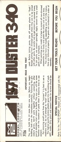 Inst Sheet 1971 Duster 340