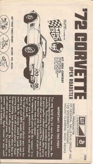 Inst Sheet 1972 Corvette Open roadster