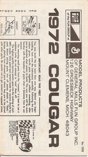 Inst Sheet 1972 Cougar