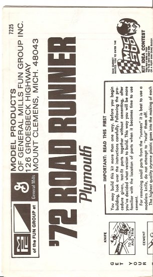 Inst Sheet 1972 Road Runner