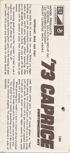 Inst Sheet 1973 Caprice