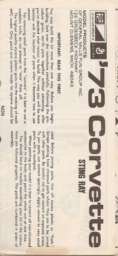 Inst Sheet 1973 Corvette Sting Ray