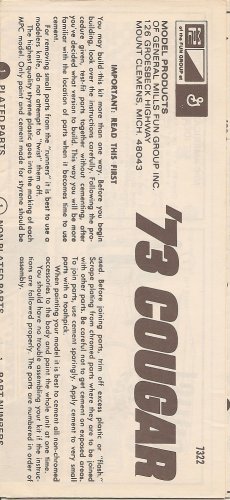 Inst Sheet 1973 Cougar