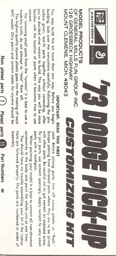 Inst Sheet 1973 Dodge pick Up