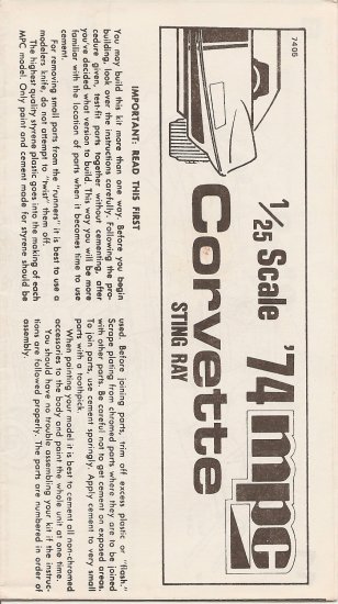 Inst Sheet 1974 Corvette Sting Ray