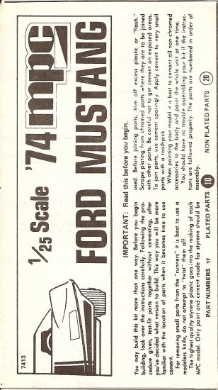 Inst Sheet 1974 Ford Mustang