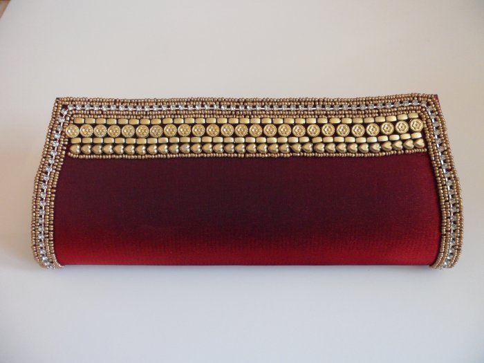 Maroon/Beige/Dark-blue with Golden beaded clutch