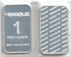 Heraeus 1 Troy Oz. Silver Bullion Bar .999 Fine