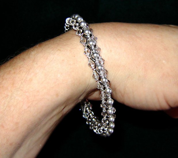 Grey Pearl Platinum Swarovski Crystal Bangle Bracelet Hematite Beads Very Sparkly