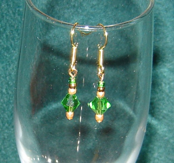 Green Bicone Crystal Pierced Earrings Gold Hooks