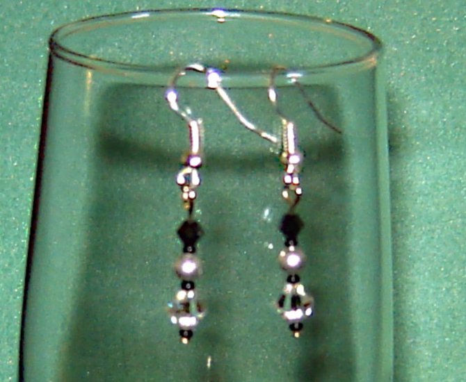 Black Swarovski Crystals Grey Pearls Pierced Earring Sterling Silver Hook