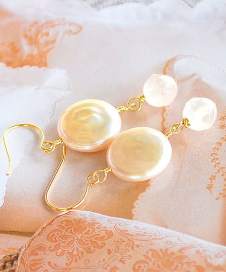 Light peach Fresh Water Pearl and Rose Quartz drop earrings