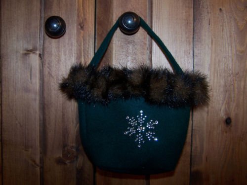 Bath and Body Works Green Purse Bag With Furry Trim