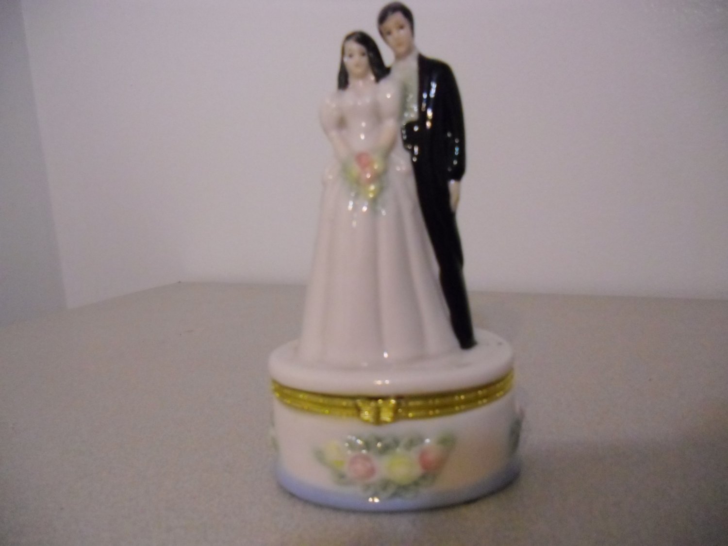 Dark Hair Bride Ring Box Wedding Cake Topper
