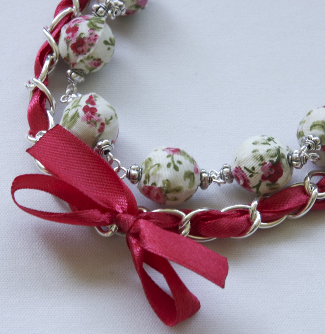 White floral cotton beads and red satin ribbon bracelet